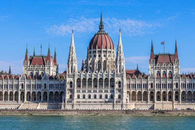 Hungarian parliament building by river against blue sky