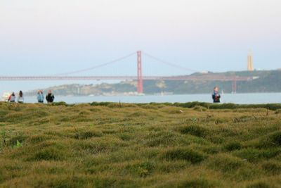 People on suspension bridge over field against sky