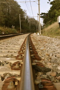 Railroad track amidst trees against sky