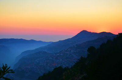 Scenic view of mountains during sunset