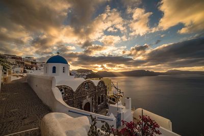 High angle view of temple against sky during sunset