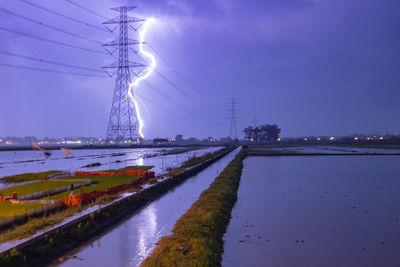 Electricity pylon by river against sky at dusk