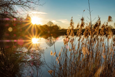 Scenic view of lake against sky at sunset