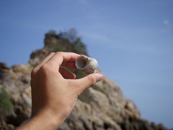 Close-up of human hand holding seashell at beach against sky