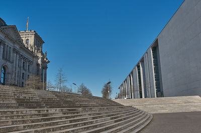 Low angle view of building against clear blue sky
