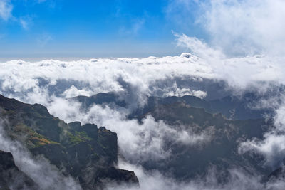High angle view of mountain range in the clouds against sky