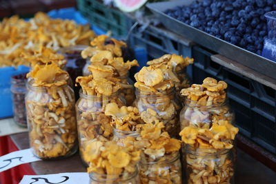 Close-up of  mushrooms on display at market 