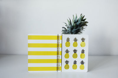 Close-up of spiral notebook with pineapple against white background