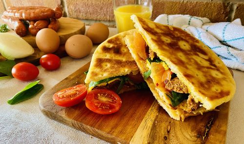 Close-up of breakfast served on table