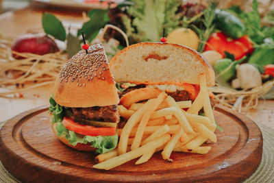 Close-up of burger in plate on table