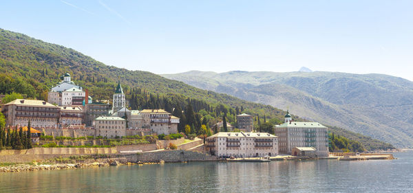 High angle view of church against mountain range