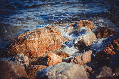 High angle view of pebbles on beach