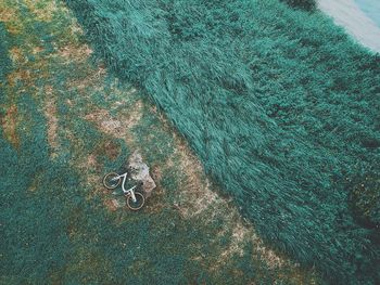 High angle view of fishing net by sea