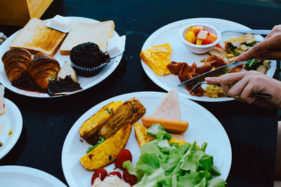 High angle view of meal served on table