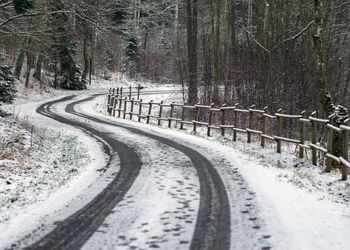 Road amidst trees in forest during winter