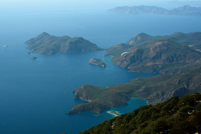 High angle view of bay and mountains