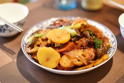 High angle view of meal served on table