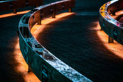 High angle view of empty footpath by canal