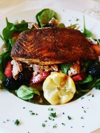 Close-up of fish served in plate on table