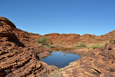 Scenic view of rock formations against clear blue sky