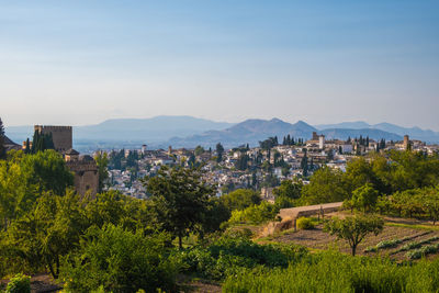 High angle view of townscape against clear sky