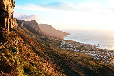 Scenic view of sea and mountains against sky