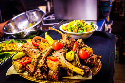 High angle view of meal served on table