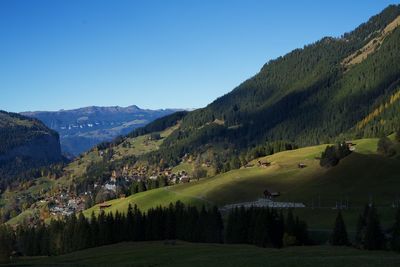 Scenic view of landscape and mountains against clear sky