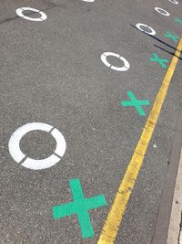 High angle view of road sign on street