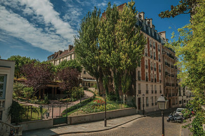 Trees by building against sky