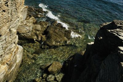 High angle view of rocks on beach