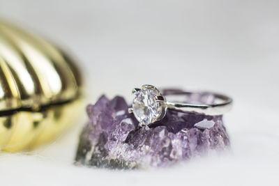 Close-up of wedding rings on white background