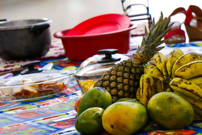 Close-up of fruits in plate on table