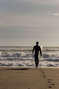 Rear view of man on beach against sky