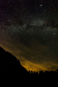 Low angle view of silhouette trees against sky at night