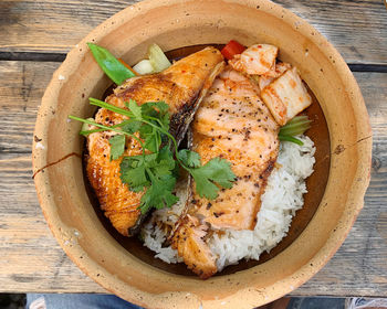 High angle view of meal served on table