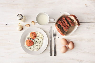 High angle view of breakfast on table