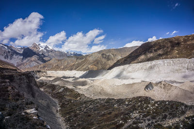 Scenic view of snowcapped mountains against blue sky