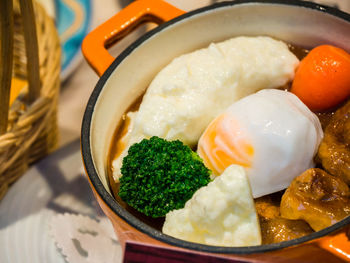 High angle view of food in bowl on table