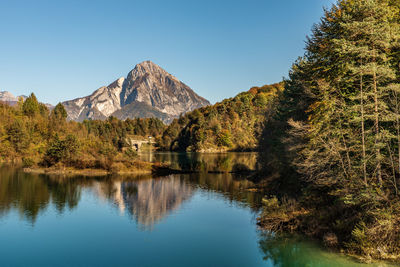 Scenic view of lake and mountains against clear blue sky