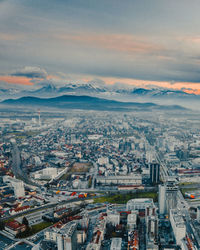 High angle view of townscape against sky during sunset