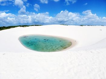 Scenic view of snow covered land against blue sky