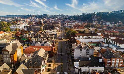 High angle shot of townscape against sky