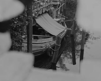 Boat moored by trees on shore