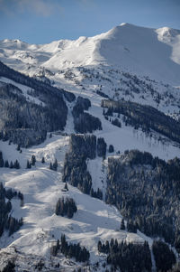 Scenic view of snow covered mountains against sky