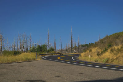 Scenic view of road against clear blue sky