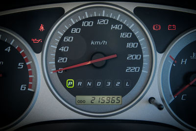 Close-up of speedometer of car