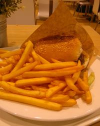 Close-up of burger and fries