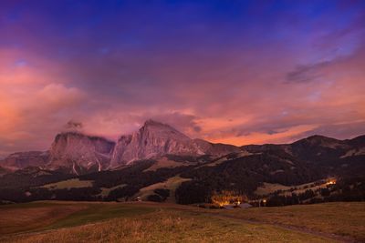 Scenic view of mountains against sky at sunset