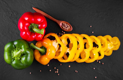 High angle view of bell peppers on table